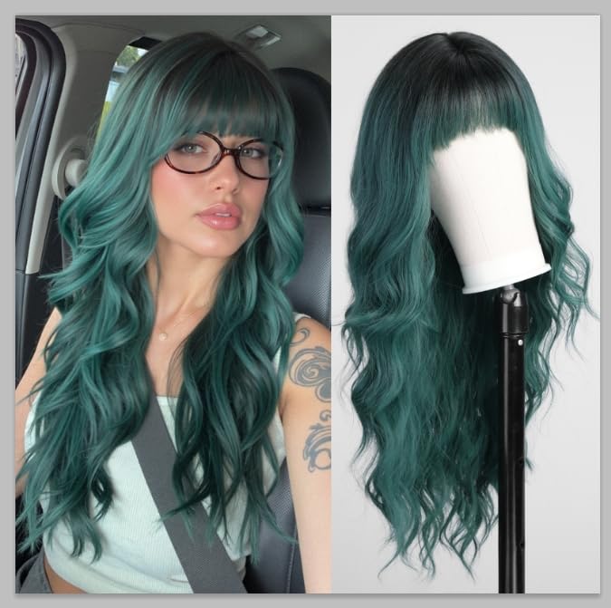 Green Wigs with Bangs,Green Wig for Women Highlight Long Wavy Wig for Women,Long Curly Wigs Synthetic Hair Wig for Party Cosplay Daily Use 26IN…