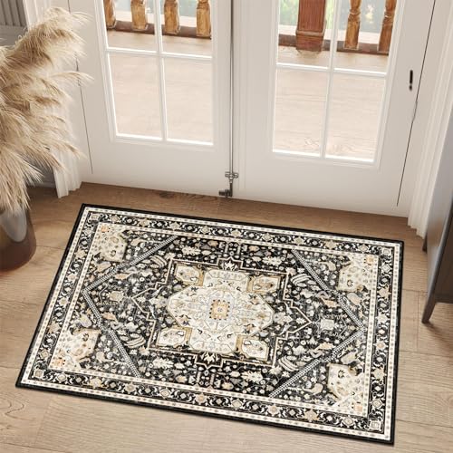 Tapete pequeño MUJOO negro beige lavable 2'x3' miniatura 3