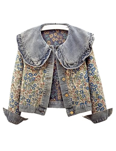 Vintage Floral Denim Jacket Peter Pan Collar Long Sleeve Blue Flower Pattern Button Front Jean Jacket Coat