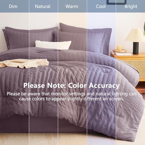 Image of CozyLux Oversized Queen Comforter Set with Sheets, 7 Pieces 98 inchx98 inch Dusty Purple Seersucker Bed in a Bag, Soft Grayish Purple Bedding Sets with Down Alternative Comforter, Sheets, Pillowcases & Shams