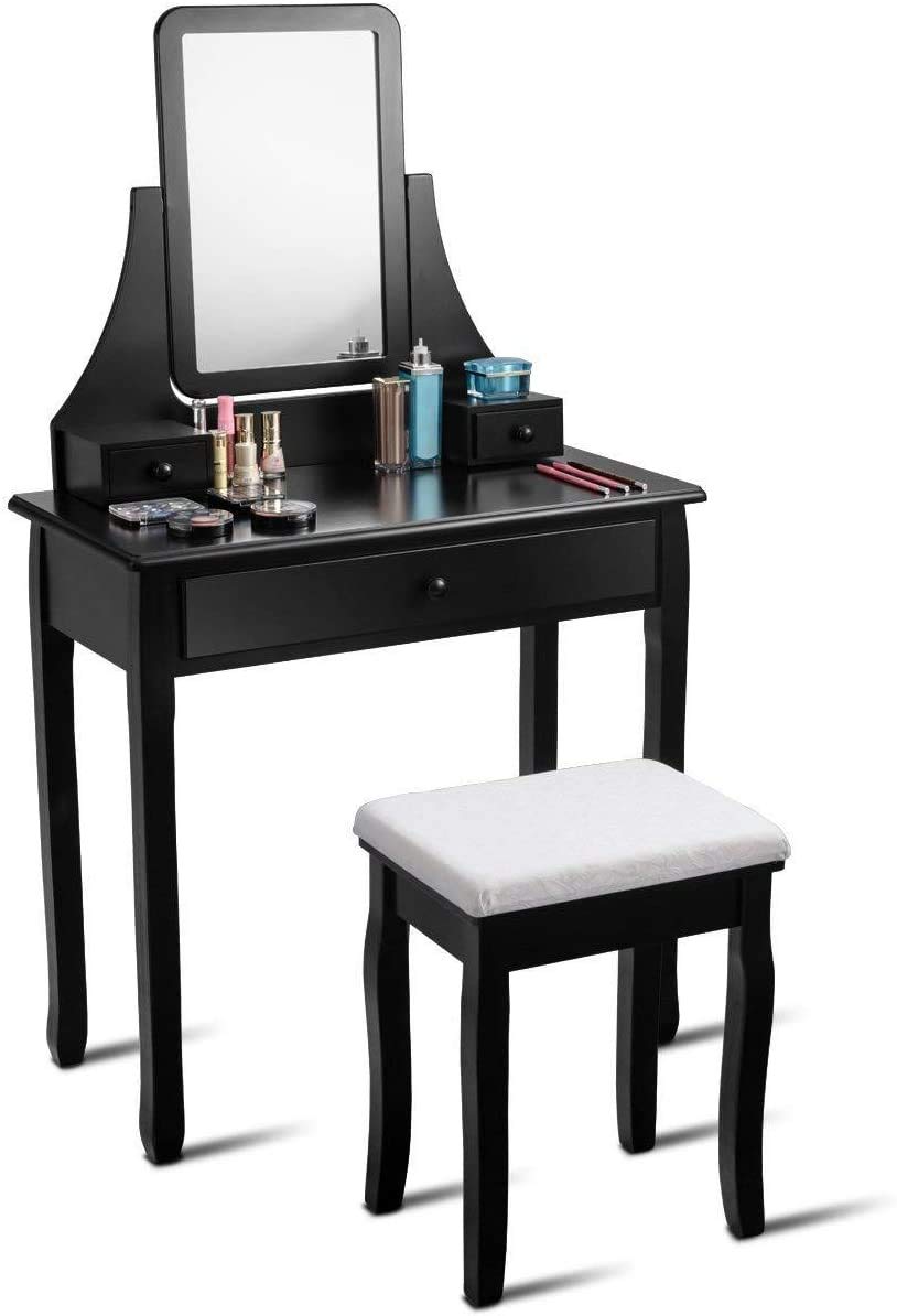 Mesa de Maquillaje con Espejo Giratorio y 3 Cajones MU Tocador Negro