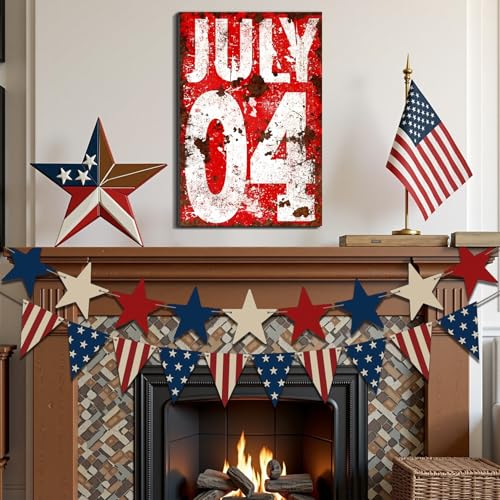Image of Framed 4th of July Distressed Wall Art, Patriotic Rustic Canvas Art Pictures, USA Independence Day Wall Decor, Made in USA Ready to Hang for Living Room Bar
