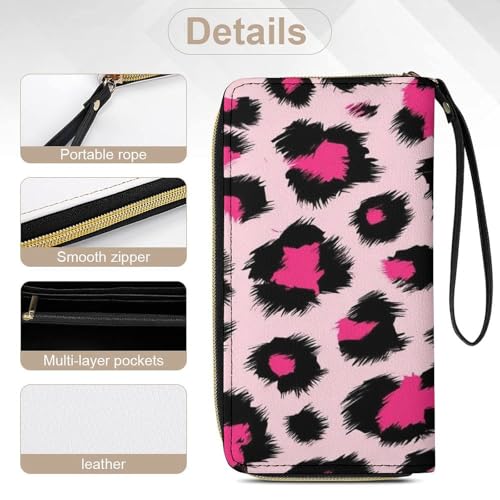 Travel Purse Fashion Design, Huge Storage Capacity Wallet With Rope, Cute Decor Purse, Long PU Zipper Wallet Pink Cheetah Animal Skin Leopard Print 5