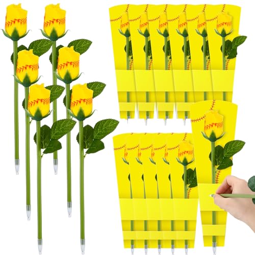 FunooFuno 12 Set Softball Rose Pens with Softball Cardboards Artificial Sports Flowers Bouquet Graduation Gifts for Soft Ball Fans Team Coach Grad Prom Senior Night Party Wedding Office Supplies