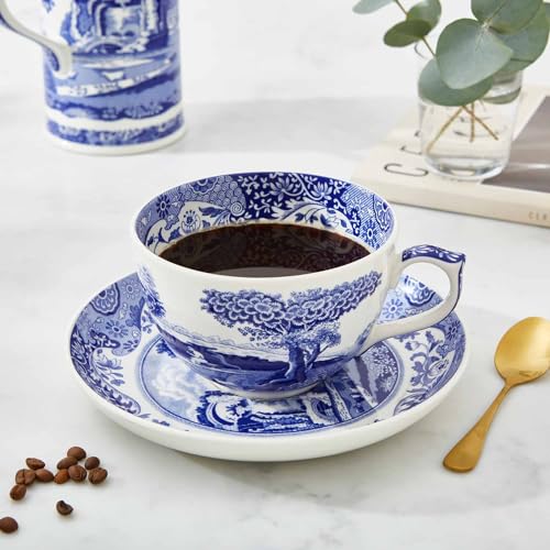 Portmeirion Spode Blue Italian Teacup and Saucer, 20-ounce Capacity, Jumbo Tea Set, Coffee Mug, Cup for Tea, Lattes, Espressos, and Hot Beverages - Blue & White - Thumbnail 7