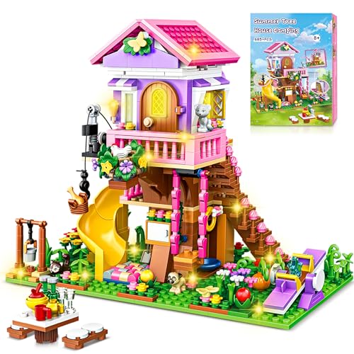 Charmofun Conjunto de construção casa de árvore com luz LED, 685 peças blocos de construção casas na árvore, casa blocos construção com escorregã, presente para meninas e meninos de 8 9 10 11 12 anos