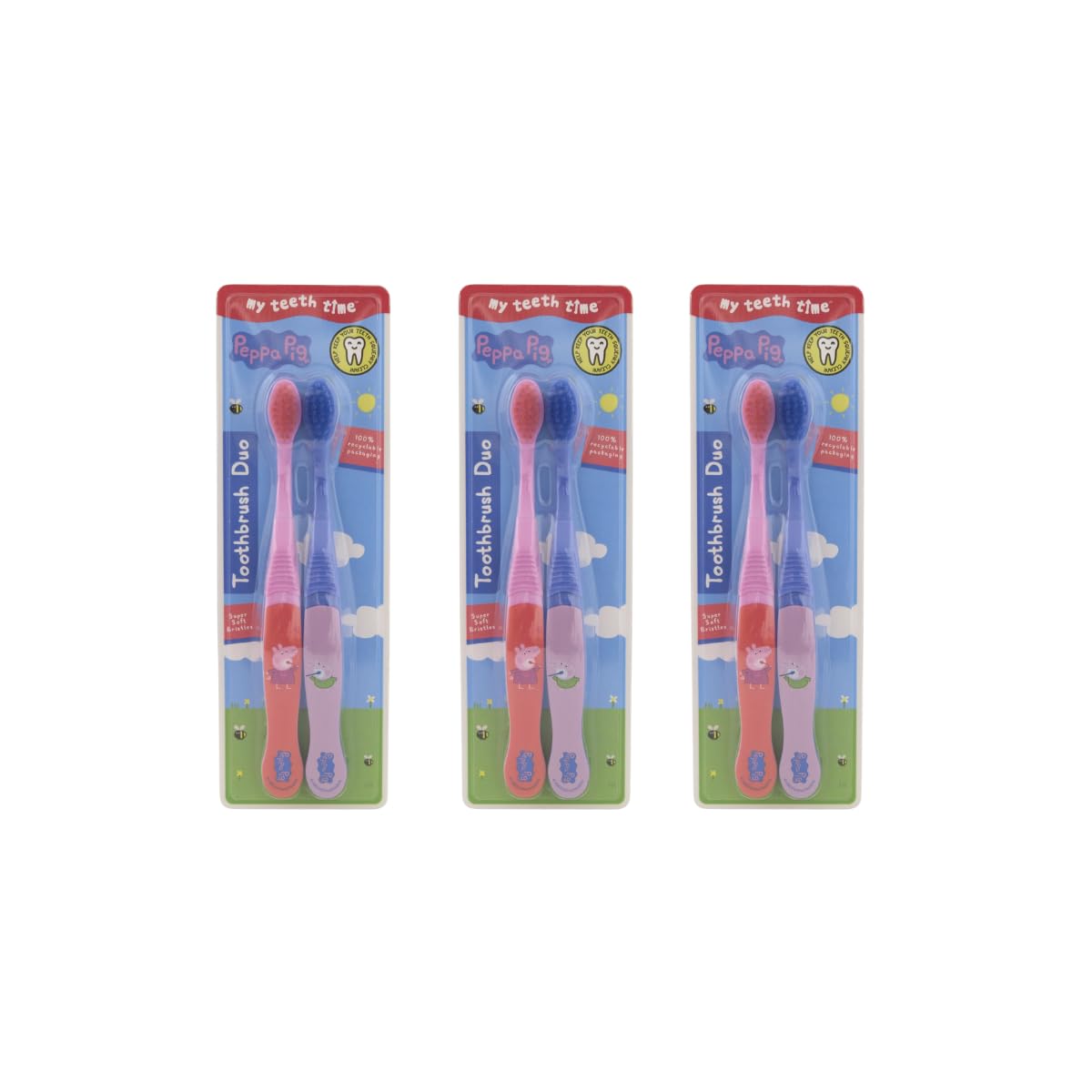 My Teeth Time Peppa Pig Toothbrush Duo, Dental Care, for Kids Aged 4-6 Years, Twin Pack, Soft Toothbrush, Peppa and George Design, Multicoloured, 1 x Duo Pack