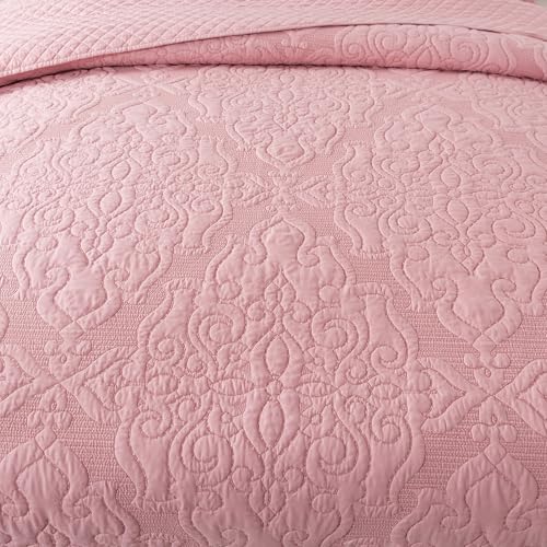 NEWLAKE Quilt Bedspread Set, Pink Jacquard Embossed Floral Pattern Reversible Embroidered Microfiber Coverlet Sets, King Size