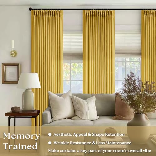 Image of 80 Inch Pinch Pleated Linen Curtains 2 Panels for Living Room Bedroom Boho Farmhouse Mustard Yellow Semi Sheer Back Tab Pinch Pleat Hooks Rings Window Curtain Harvest Gold Yellow Spring Decor
