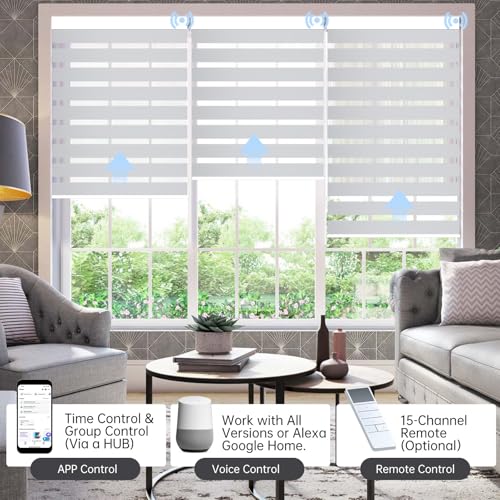 Solar-Powered Motorized Zebra Blinds with Remote Control (90% Greyish White)