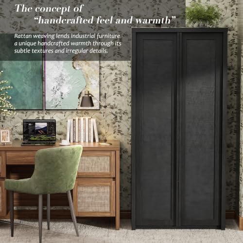Image of Yechen 67 inch Tall Kitchen Pantry Cabinet, Rattan Storage Cabinet with Solid Wood Integrated Handleand Adjustable Shelves, Cupboard with Doors for Livingroom, Bathroom,Dining Room, Dark Black