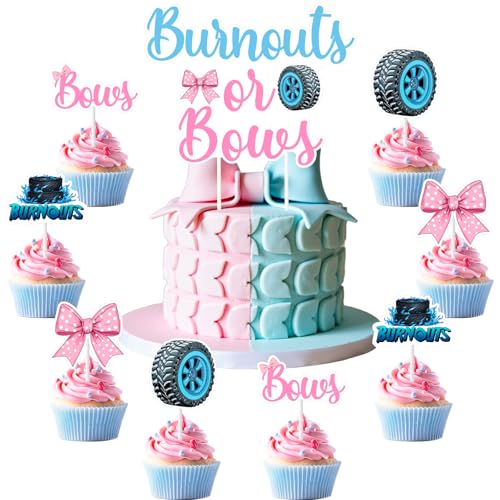 Decoración de revelación de género Burnouts or Bows con 25 toppers para tartas y cupcakes