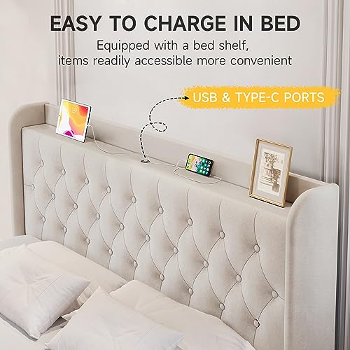 Image of koorlian King Velvet Bed Frame, Adjustable Upholstered Platform Bed Frame with Type-C&USB Ports, Wingback Storage Headboard, Solid Wood Slats Support, No Box Spring Needed, Noise-Free, Beige