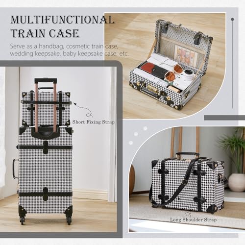 Image of UNIWALKER Vintage Luggage Set of 3, Retro Spinner Trunk with Combo Lock for Women, Cute Designer Travel Suitcase Set with Train Case (26 inch+20 inch+12 inch, grid)