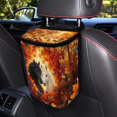 Image of Talayituse Horse Maple Butterfly Print Car Trash Can Portable Auto Garbage Bin Multifunctional Vehicle Interior Accessories with Adjustable Straps Universal Fit Truck SUV Sedan Autumn Decor