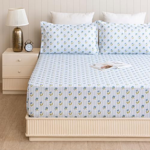 Image of HOMEMONDE Single Size Bedsheet | Cotton Flat Sheet with One Pillow Cover | 186 TC |Floral Design| All-Season Soft Bedsheet for Single Bed (60 x 90 Inch /152 x 229 cm, Blue)