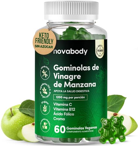 Gominolas Vinagre de Manzana 1200 mg, Sin Azúcar 100% Natural, Suplemento Vegano, Salud Digestiva & Metabolismo, Con Vitaminas C, B12, Ácido Fólico y Cromo, 60 uds