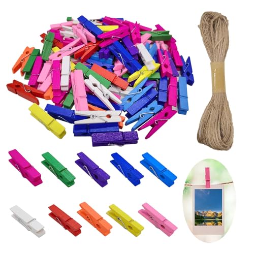 100 PCS Mini Wooden Pegs with 10M Jute String for Hanging Photos 3.5cm/1.37 in Colorful Mixed Craft Pegs for Photo Display Postcards Used for All Types of Party Decorations
