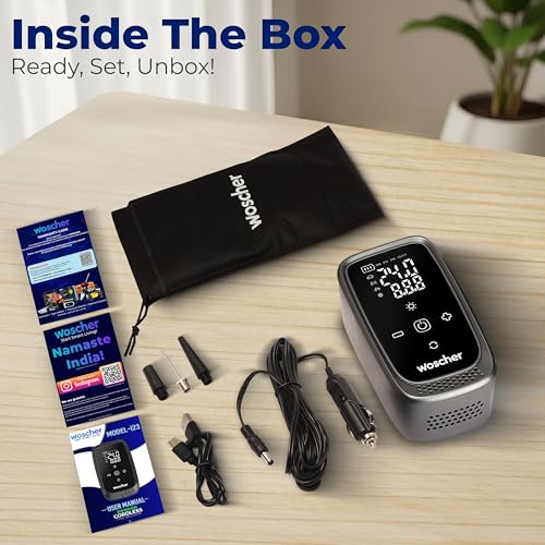Image of Woscher i23 Cordless, 4500 mAh Battery & 12V USB Port Portable Tyre Inflator for Car & Bike with 150 PSI | Digital Display, Auto Shutoff | Air Pump Compressor for Car Tyre, Bikes, Bicycles, Balls