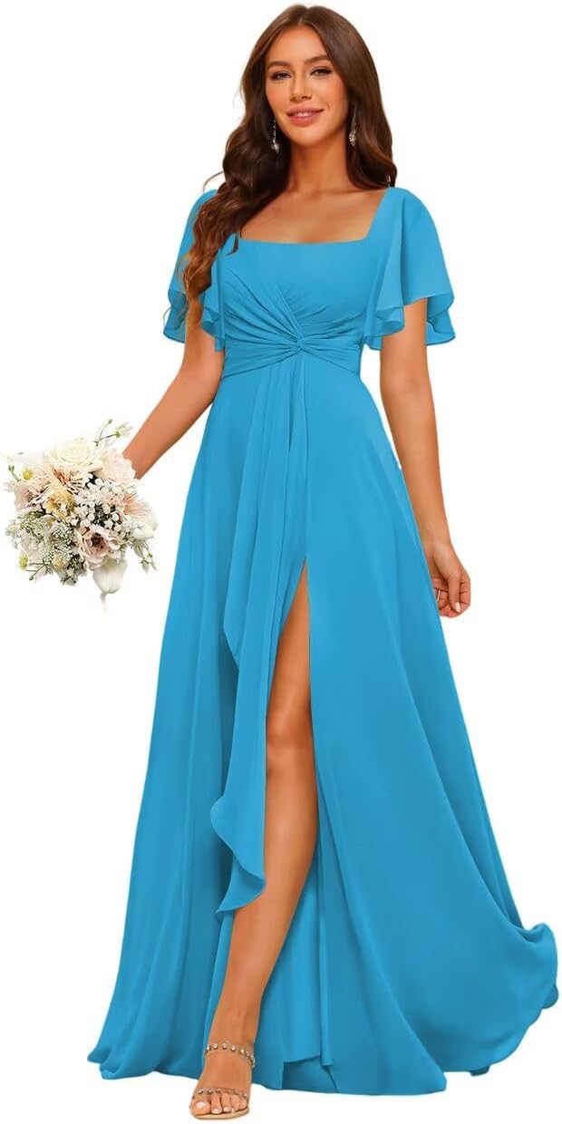 Ocean blue bridesmaid dress with short sleeves and slit detail