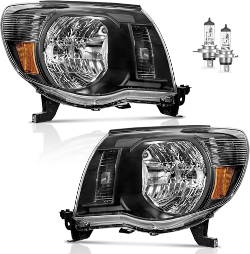 KarSpareHub Headlights Assembly Compatible with 2005-2011 Toyota Tacoma Headlamp Replacement Black Housing Amber Reflector Driver & Passenger Side