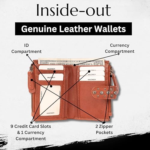 4.75 Inch Genuine Italian Leather Boho Studded Bifold Wallet – Zipper Coin Purse & Credit Card Holder for Women (Cognac)4