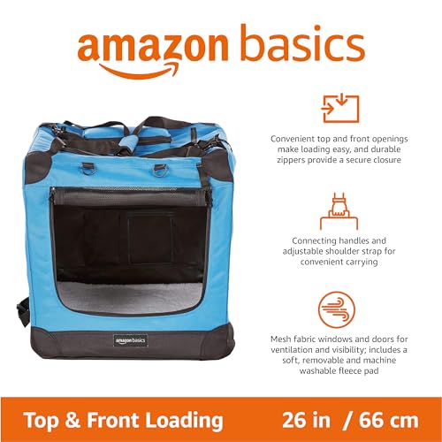 Amazon Basics Portable Soft Pet Dog Crate Carrier Kennel, Foldable, Washable, Up to 25 lbs, 26 x 18 x 18 inches, Blue - Image 3