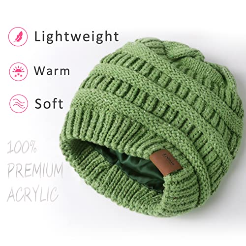 Winter Knitted Satin Lined Hats For Women Slouchy Cable Beanie Silky Soft Washed Warm Hat Green #TOP3