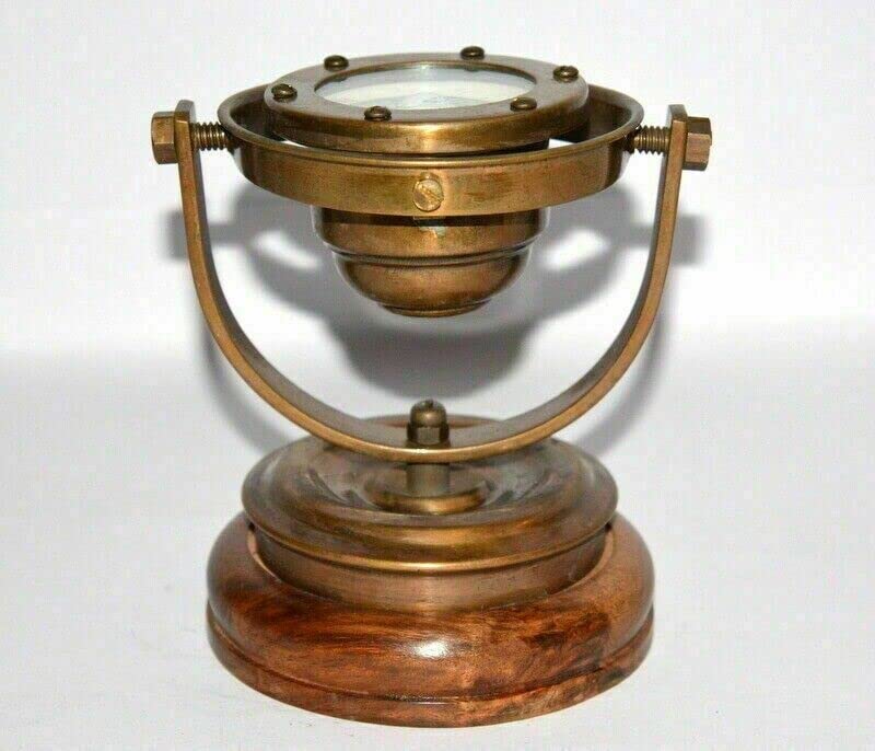 Brújula náutica vintage de latón antiguo con cardán y binnacle para barco miniatura 4