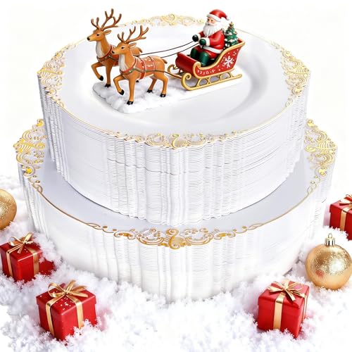 Joyido 102PCS White and Gold Plastic Plates - Heavy Duty Gold Disposable Plates Include 51PCS 7.5inch Dessert Plates, 51PCS 10.25inch Dinner Plates for Christmas & Parties Joyido 102PCS White and Gold Plastic Plates - Heavy Duty Gold Disposable Plates Include 51PCS 7.5inch Dessert Plates, 51PCS 10.25inch Dinner Plates for Christmas & Parties