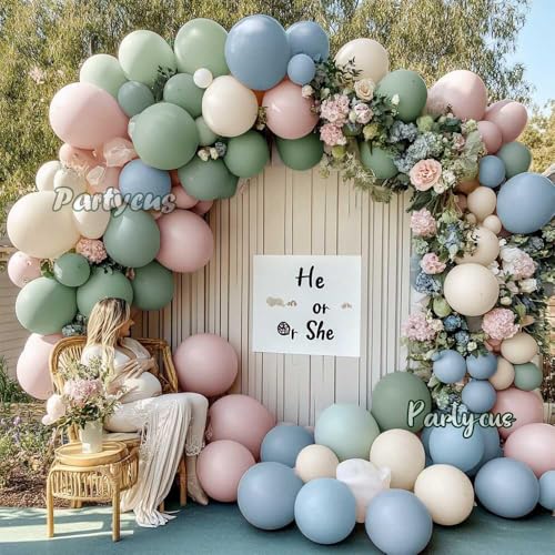 Image of Dusty Green Pink Blue Balloon Arch Double Stuffed Pastel Pink Dusty Blue Light Sage Green White Latex Balloon Garland Kit for Boho Baby Shower Birthday Gender Reveal Tea Valentine Party Decoration