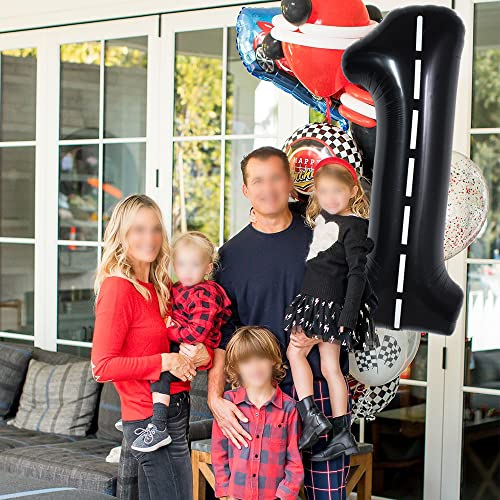 Image of TONIFUL 40 Inch Large Race Car Number 1 Balloon 1st Birthday Decorations | 1st 10th 18th Race Car Birthday Party Supplies Foil Black 1 Balloon for Boys Men Fast Checkered Flag Party Decor
