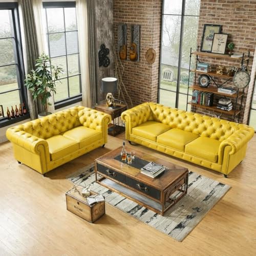 Image of Classic Leatherette Chester Sofa Set Button Tufted, Classic Style Sofa Set for Living Room, Office, and Hallway Colour (Yellow Leatherette, 3+2 = 5 Seater Sofa)