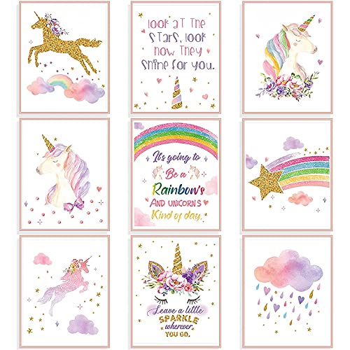 9 Pièces Tableau Licorne Poster Licorne Chambre Fille Cadre Licorne Poster Cheval Affiche Ado Enfant 10 Ans Junique Impressions d'Art Mural Arc-en-Ciel Licorne Poster Aquarelle pour Décorations
