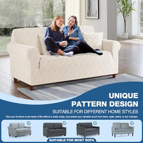 Image of TAOCOCO Loveseat Sofa Cover, 1Piece Couch Cover for 2 Cushion Sofa Washable Loveseat Slipcover with 2PCS Throw Pillow Covers, Jacquard Furniture Protector for Pets Dog(2 Seater,Beige)
