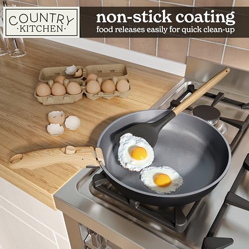 Image of Country Kitchen Cookware Set with Removable Handle, Oven & RV Safe Pots and Pans Set, Black /Grey Wood Handle, Original
