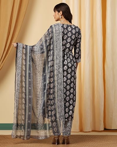 Image of TADKEE Women's Anarkali Printed V-Neck Kurta with Pant & Dupatta | 3 /4 Sleeve | Kurta Set for Women | Ethnic Set for Women | Dupatta Set |Suit Set