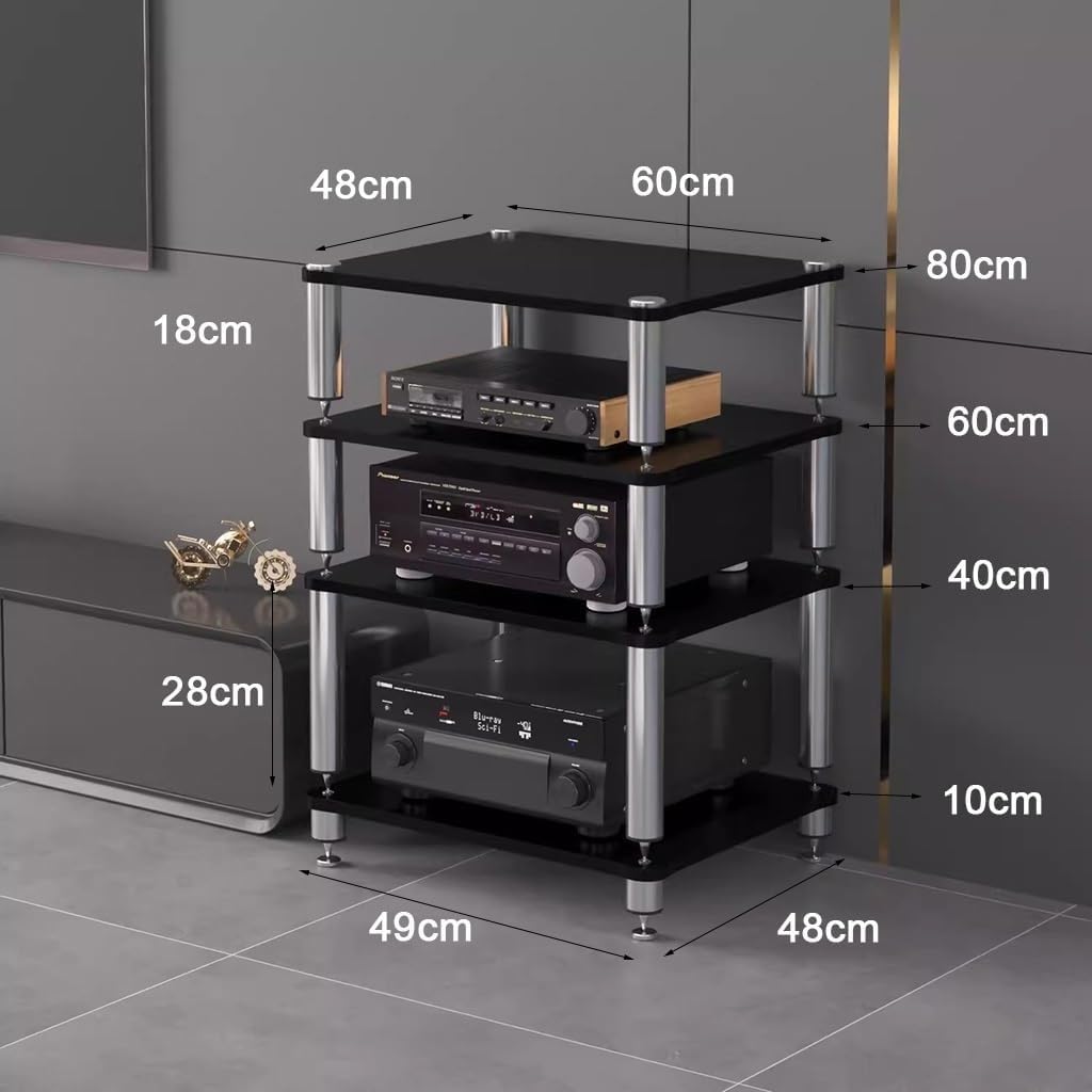 Speaker Stand,4-Tier HiFi Rack Stand, MDF Record Player Shelf with Shock-Absorbing Feet, Black Audio Cabinet for Amplifiers & Equipment, 60x48x76cm - Stylish & Durable Storage Solution