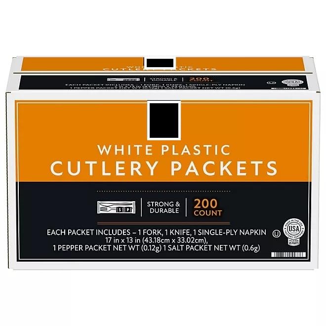 Durable White Plastic Cutlery Packets (200 ct.) Picnics, Catered Events, Food Service