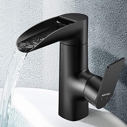 Black Bathroom Faucet - WaterSong Bathroom Sink Faucet, Waterfall Spout Faucet for Bathroom Sink, Matte Black Single Hole Bathroom Faucet, 360Â° Swivel Spout, RV Modern Bathroom Faucet, 100% Lead-Free