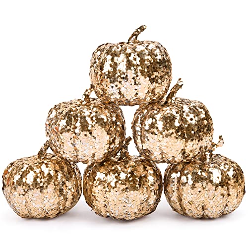 DomeStar Künstliche Kürbisse, Glitzer-Kürbisse, 6 Stück, goldene Pailletten, Kürbisse für Dekoration, Hochzeit, Weihnachten, Erntedankfest, Zuhause Cover