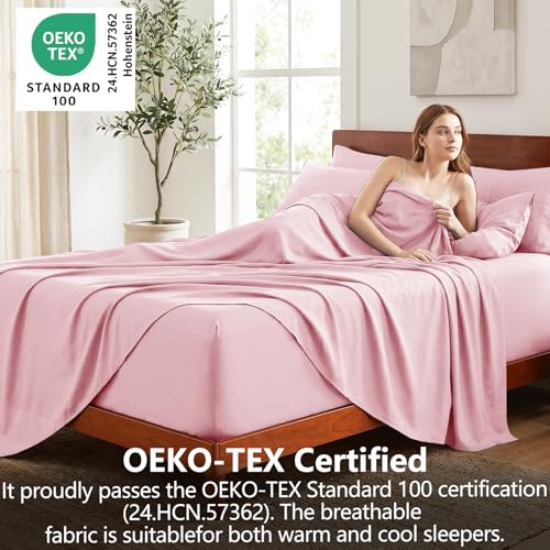Image of CozyLux 7-Piece Split King Sheets, Fits 18-21 Inch Mattresses, Oeko-TEX | 4 Pillowcases, 1 Flat Sheet and 2 Fitted Sheets with All-Around Elastic, 21-Inch Deep Pockets for a Secure Fit, Pink