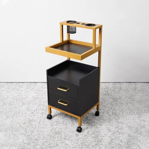 Carrito de salón con cajones dobles, estación de belleza rodante con borde antiderrames y ruedas grandes para estilistas y peluqueros