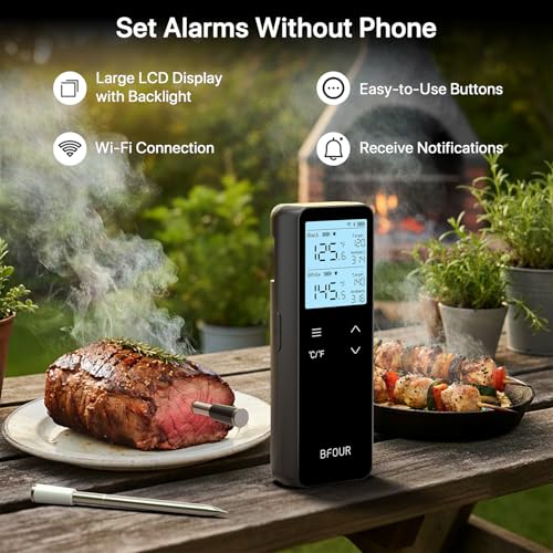 BFOUR WiFi Thermomètre Bluetooth sans fil pour la viande avec base autonome numérique, double sondes & 6 Capteurs de précision, IP67 Thermomètre à sonde de viande imperméable pour fumeur, BBQ, Four, gril