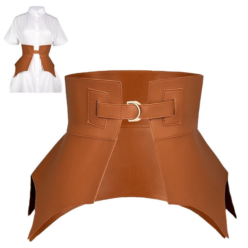 Haowul Women's Brown Irregular Pu Leather Long Wide Belt Punk Style Costume Waist Belt Waistband Corset Belts