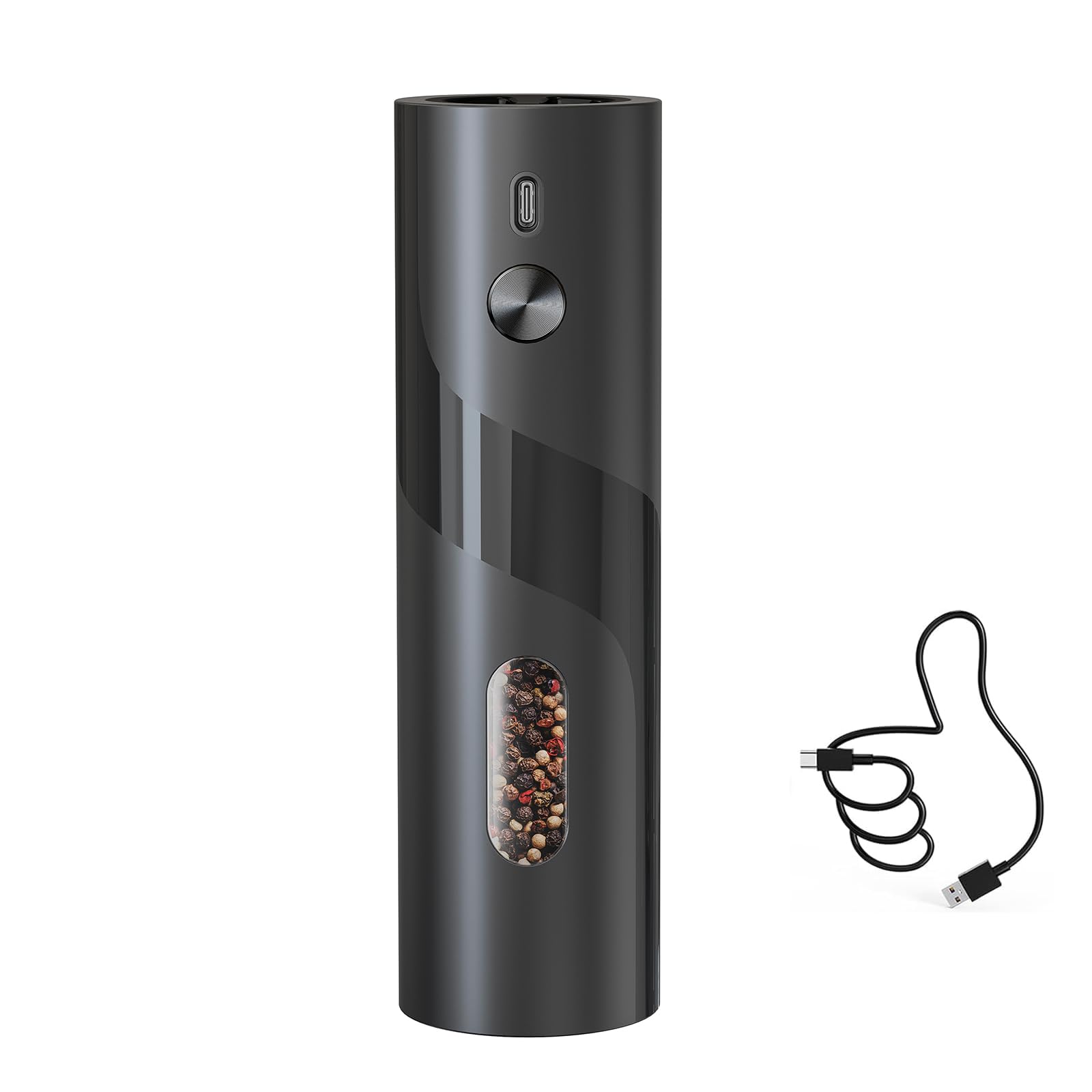 CIRCLE JOY Electric Pepper Grinder Top-Refill Rechargeable Pepper Mill Grinder with 110ml Capacity, Adjustable Coarseness and White LED Light, Black