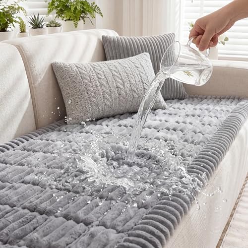 Fixwal Waterproof Dog Couch Cover, Washable Non-Slip Pet Couch Covers for Sofa, Leak-Proof Sofa Protector for Dogs, Pet Friendly Thick Soft Fuzzy Furniture Cover (Grey, 27.6' x 59.1')