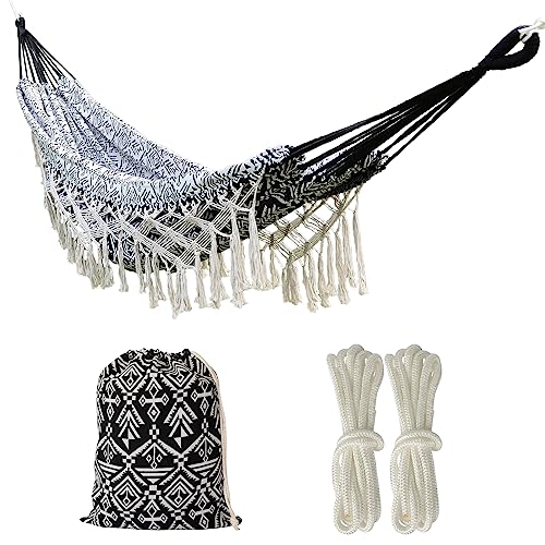 Black with Wirte Bohemian Striped Fringe Double Hammock - Soft