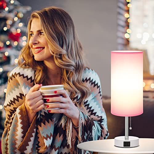 Hong-In Nightstand Lamp With 3 Color Modes - Pink Lamp For Bedroom With Usb-C Usb-A Charging Ports, 3000/4000/5000K Bedside Lamps By Pull Chain, Small Table Lamp For Bedroom, Office, Living Room #TOP2