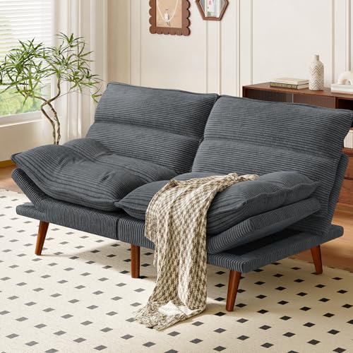 Image of Amada Convertible Futon Sofa Bed - Corduroy Loveseat with Adjustable Backrest & Armrests, Thickened Seat Cushion, Small Space Sleeper Couch for Apartment, Study Room & Office（Charcoal Gray，66 Inch ）